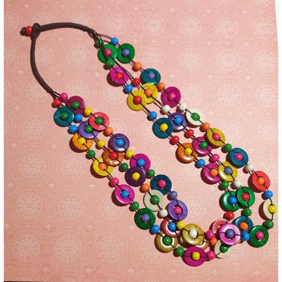 Handmade Multicolor Wood Beaded Necklace Boho 24 In Length Statement Jewelry - Picture 1 of 5